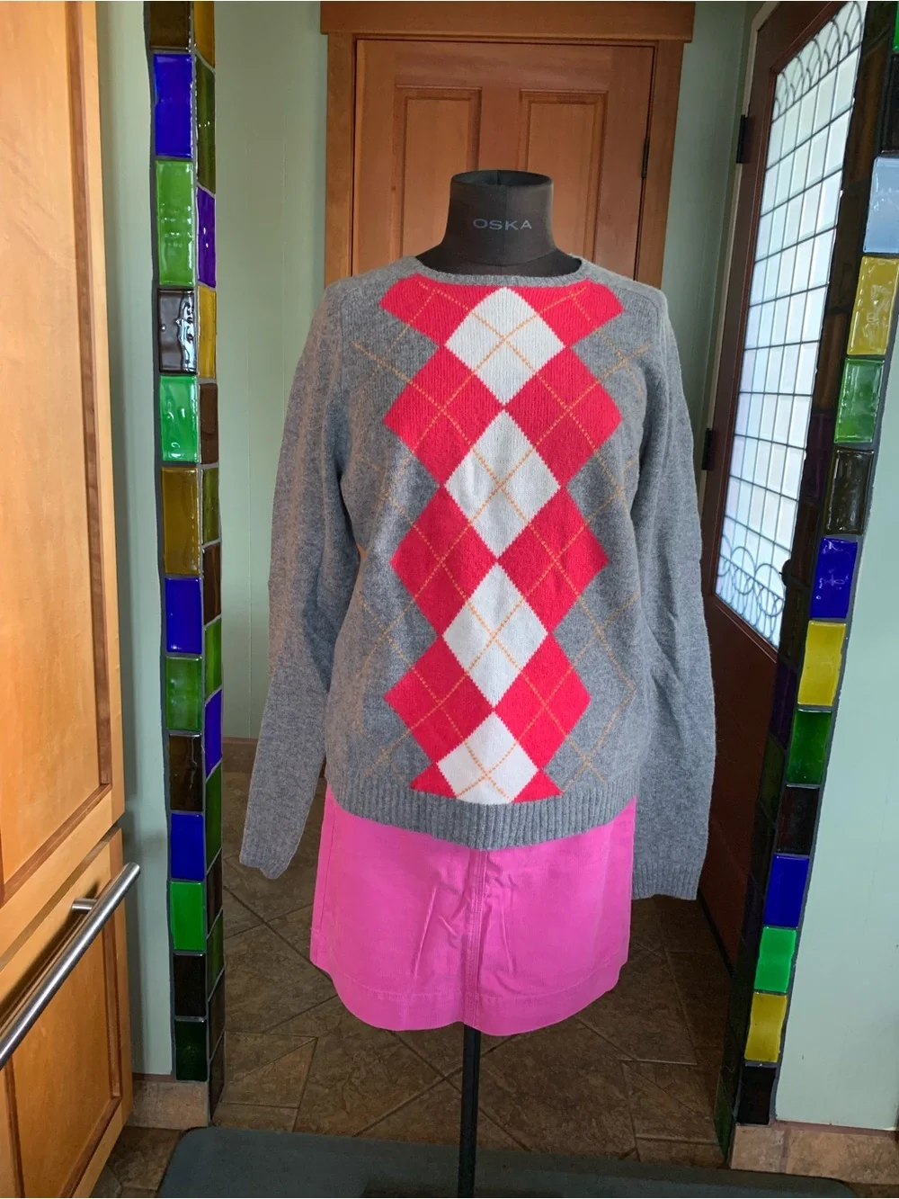 J CREW 100% LAMBS WOOL ARGYLE PULLOVER SWEATER NWT XL Women's Gray  Pink Diamond